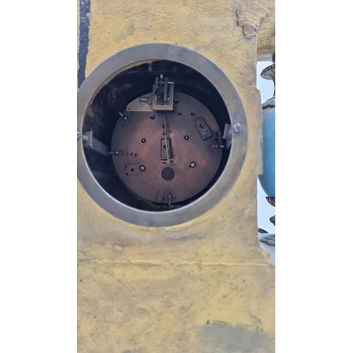 40 - French gilt-metal and painted porcelain mantel clock, H: 37cm X W: 30cm X D: 13cm