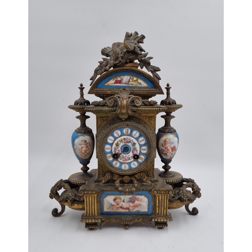 40 - French gilt-metal and painted porcelain mantel clock, H: 37cm X W: 30cm X D: 13cm