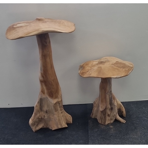 43 - Pair of carved hardwood mushroom-form pedestal occasional tables, H: 100cm X W: 58cm.