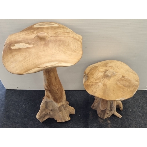 43 - Pair of carved hardwood mushroom-form pedestal occasional tables, H: 100cm X W: 58cm.