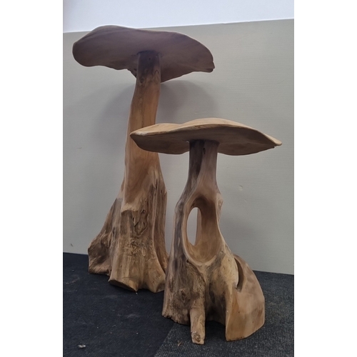 43 - Pair of carved hardwood mushroom-form pedestal occasional tables, H: 100cm X W: 58cm.