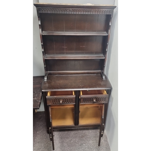 46 - Dark Oak Open dresser over drawers and cupboard base, H:173cm x W:92cm x D:41cm.
