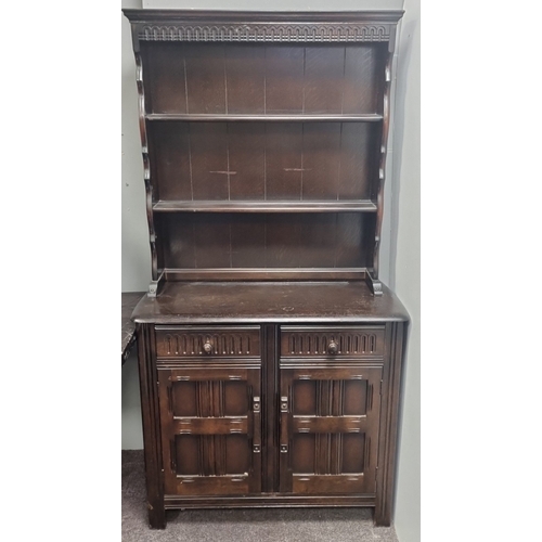 46 - Dark Oak Open dresser over drawers and cupboard base, H:173cm x W:92cm x D:41cm.