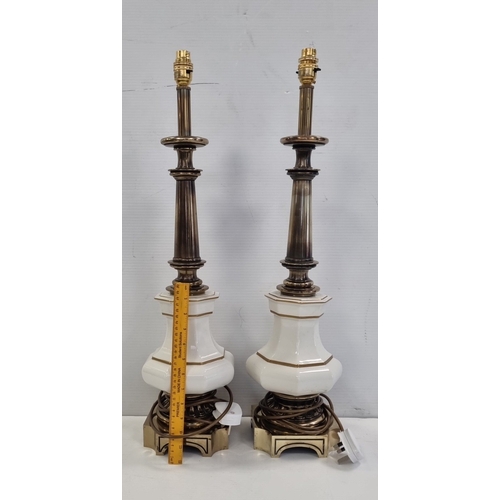 55 - Pair of bronzed metal and white ceramic table lamps, H: 70cm X W: 18cm.