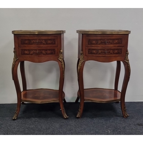 56 - Pair of French Style 2 Drawer Inlaid Brass Mounted Side Cabinets, H: 73cm X W: 44cm X D: 35cm.