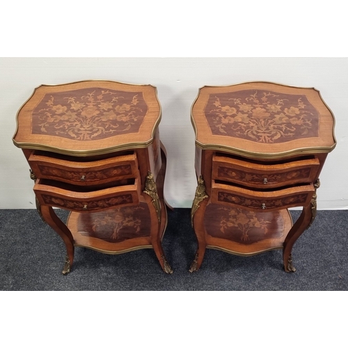 56 - Pair of French Style 2 Drawer Inlaid Brass Mounted Side Cabinets, H: 73cm X W: 44cm X D: 35cm.