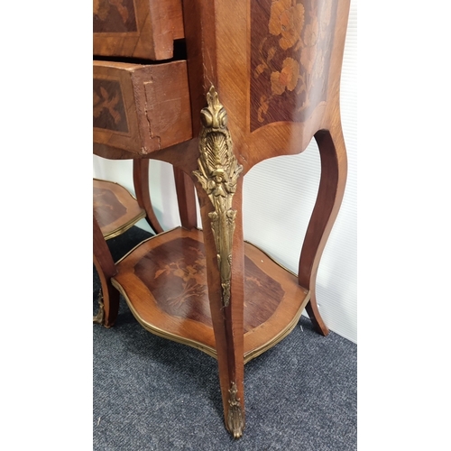 56 - Pair of French Style 2 Drawer Inlaid Brass Mounted Side Cabinets, H: 73cm X W: 44cm X D: 35cm.