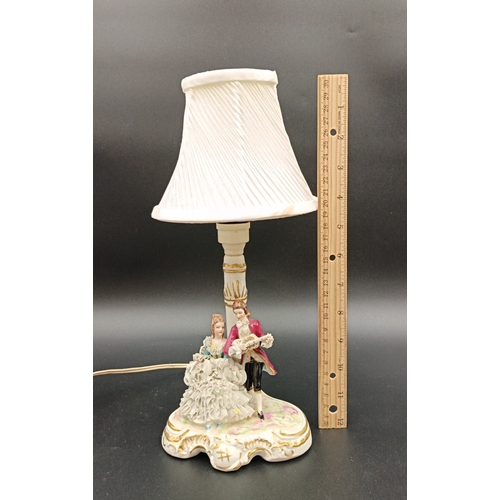 78 - Irish Dresden Figural Table Lamp and Shade, H: 30cm.