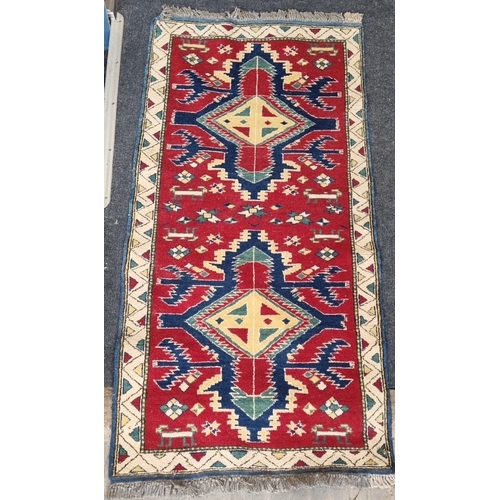 14 - Red and Navy Wool Rug with Two Medallions