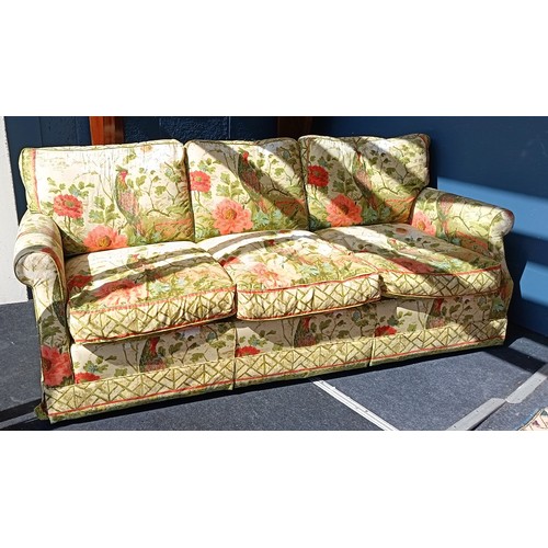 2 - Upholstered Three Seater sofa in a Floral Peacock Fabric ,  H: 83cm x W: 190cm x D: 96cm