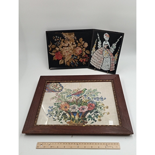 621 - Framed Neddlepoint Graph with Flowers and Bird and Needle work picture and vintage foil art