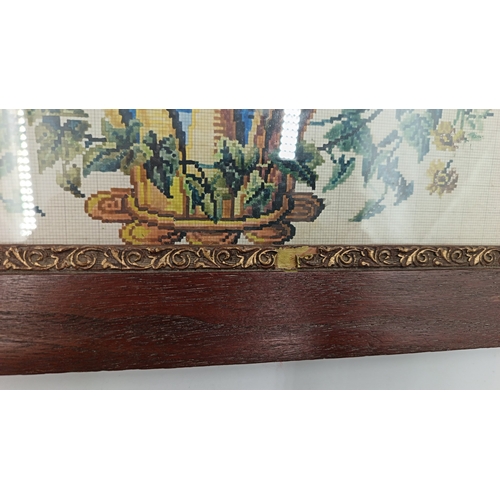 621 - Framed Neddlepoint Graph with Flowers and Bird and Needle work picture and vintage foil art