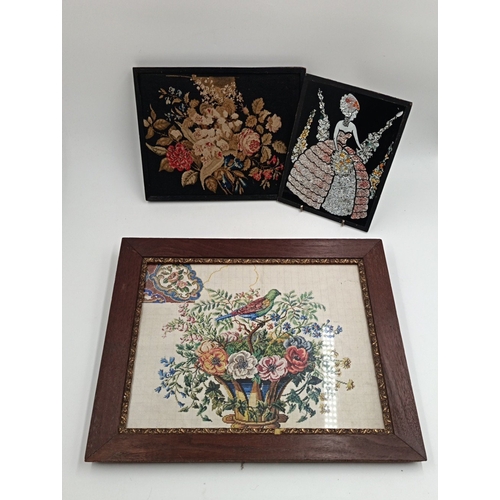 621 - Framed Neddlepoint Graph with Flowers and Bird and Needle work picture and vintage foil art