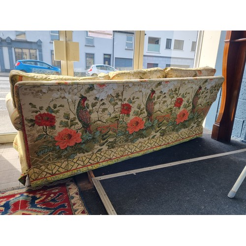 2 - Upholstered Three Seater sofa in a Floral Peacock Fabric ,  H: 83cm x W: 190cm x D: 96cm