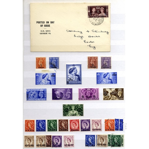 128 - OVERPRINTS on GB, range in two stock books of mainly British P.O's abroad with M & U ranges from Bah... 