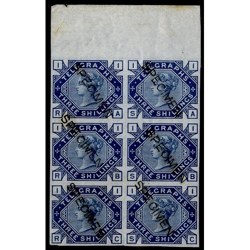 1762 - 1877 3s slate blue, Plate 1 left 'RA-SC' top marginal block of six overprinted 'SPECIMEN' colour tri... 