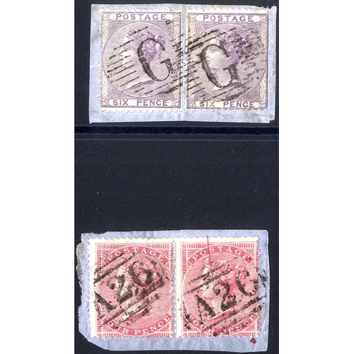 1774 - GIBRALTAR 1857-9 6d lilac two singles on a small piece each with fine 'G' cancellations. 1859-85 4d ... 