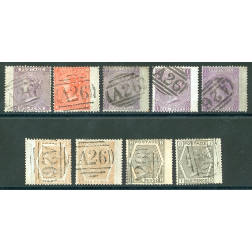 1775 - GIBRALTAR A26 cancels 1862 6d, 1865 4d Pl.12, 1865 6d Pl.5 & 6, 1872 6d Pl.11 (2), 1872 6d grey Pl.1... 