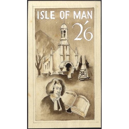 1210 - ISLE OF MAN 1966 Watercolour Essay on thick paper for a proposed 2/6d design (75x130cm) in brown & w... 