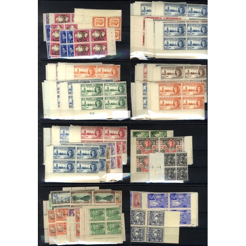 199 - 1946 Victory Omnibus set (excl. GB & Bahawalpur) each in UM marginal or corner marginal blocks of fo... 