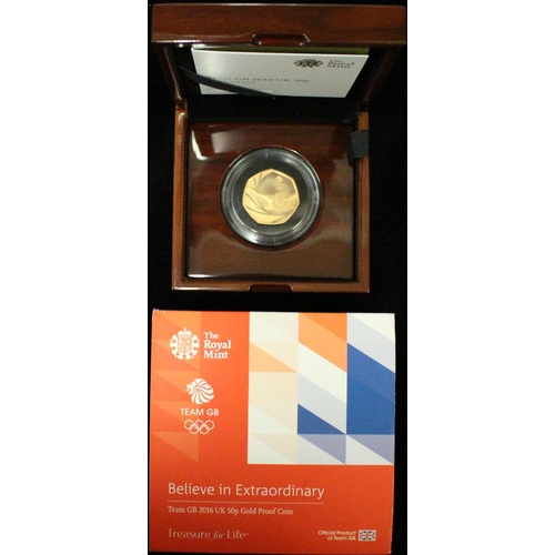 1293 - 2016 Royal Mint 50p Team GB 'Swimmer' Gold Proof, cased/cert, SH47.