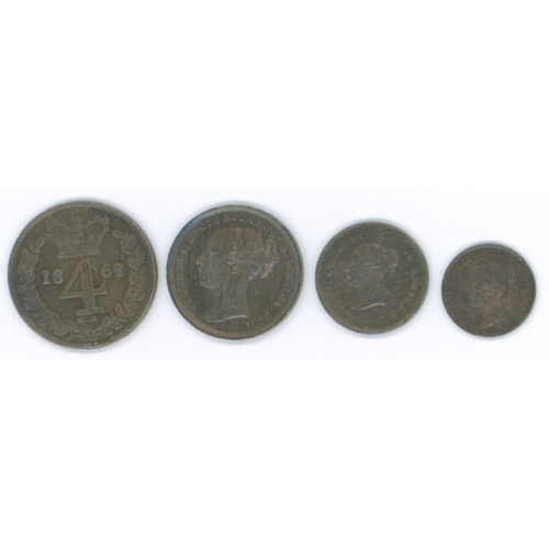 1392 - 1869 Victoria YH maundy set, GVF to UNC, toned, threepence & twopence the nicest coins. Scarce. S391... 