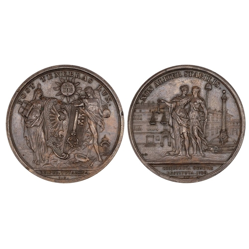 234 - 1738 Switzerland, The Pacification of Geneva, copper medal, by J. Dassier, Arms of Geneva between fi... 