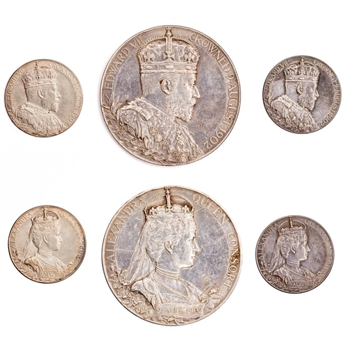 257 - 1902 Edward VII, official silver Coronation medals (3) large & small, by G. W. De Saulles, crowned a... 