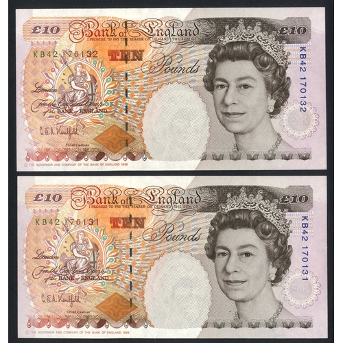 327 - Kentfield QEII £10 (2) issued 1993, B369, consecutive pair, KB42 170131 & KB42 170132, Pick 386a, fl... 