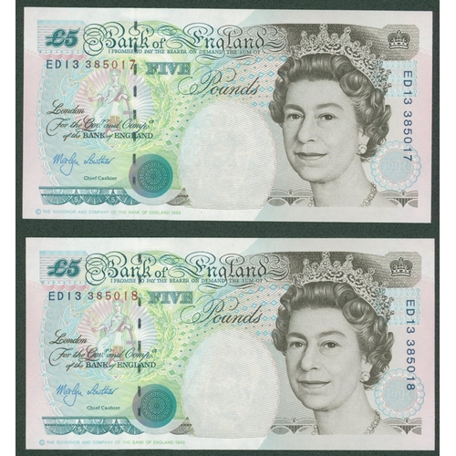 333 - Lowther QEII £5 (2) issued 1999, B380, consecutive ED13 385017 & ED13 385018, Pick 382c, flick only ... 