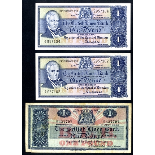 364 - British Linen Bank £1 (3), dated 1963 series A/4, Pick 166c taped repair, fine & 1968 series Y/4 x 2... 