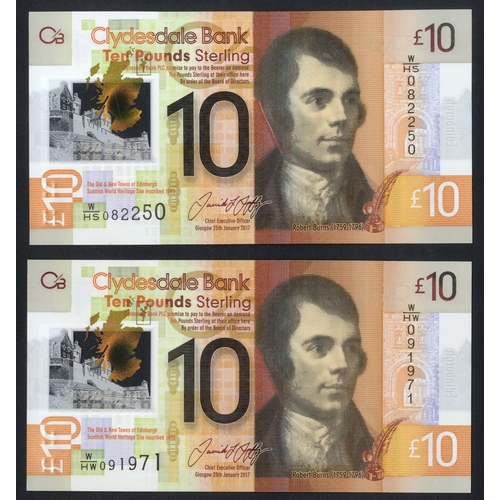 366 - Clydesdale Bank Ltd £10 (2) dated 25th January 2017, series W/HS & series W/HW, Pick new, UNC. (2)