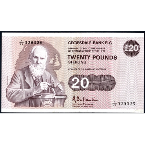 368 - Clydesdale Bank Plc £20 Lord Kelvin, dated 8th April 1985 series D/DY 029026, Pick 215b, EF+. (1)