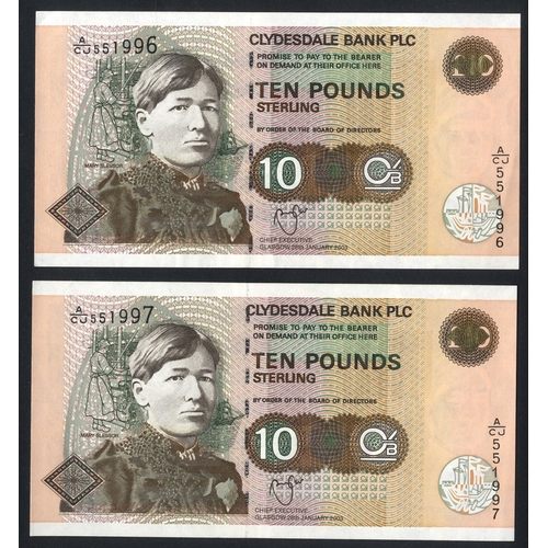 371 - Clydesdale Bank Plc £10 (2) dated 26th January 2003, consecutive pair A/CJ 551996 & A/CJ 551997, Pic... 