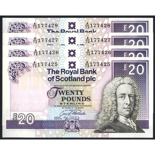 384 - Royal Bank of Scotland £20 (4) dated 24th February 1993, consecutive series  A/72 177425 to A/72 177... 