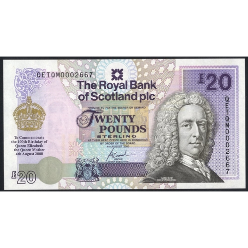 385 - Royal Bank of Scotland £20, dated 4th August 2000, Queen Mother 100th Birthday Commemorative, QETQM ... 