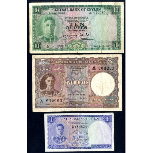 404 - Ceylon KGVI portrait (3) 1 rupee 1951 Pick 47a VF, 5 rupees 1946 Pick 36a fine+ and 10 rupees 1951 P... 