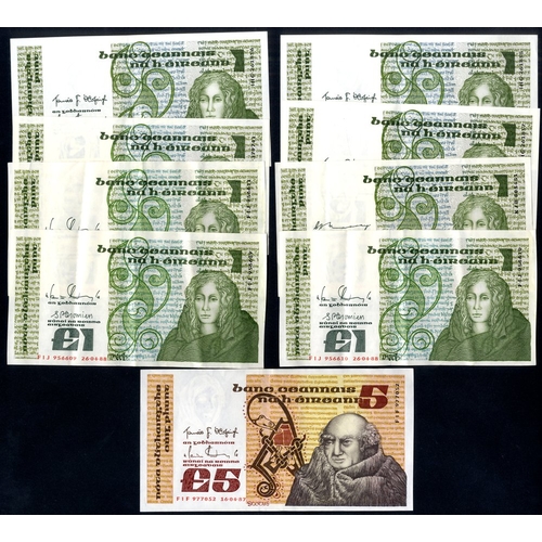 417 - Ireland Republic £1 (8) dated 1978, 1982 (3), 1988 (3) & 1989 + £5 dated 1987, mostly GVF to EF. (9)