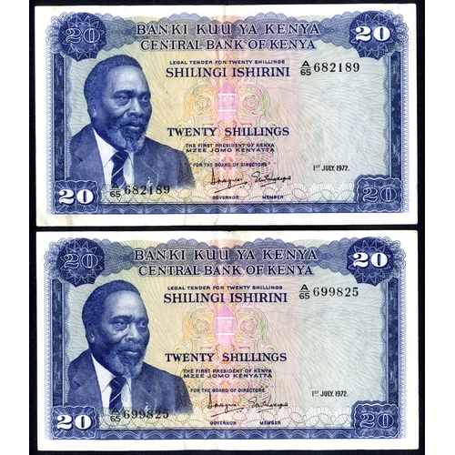 422 - Kenya 20 shillings (2) dated 1st July 1972 series A/65 682189 & A/65 699825, Pick 8c, VF. (2)