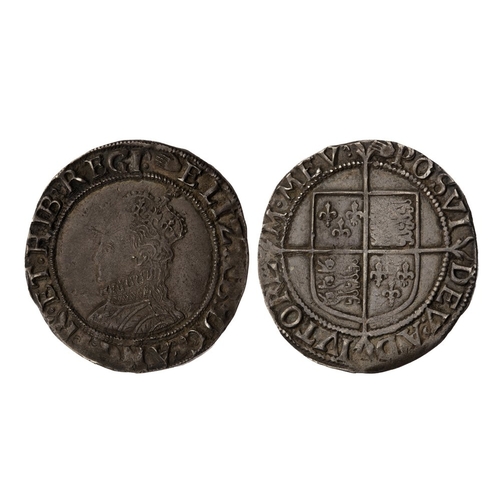 487 - Shilling, sixth issue mm hand (1590-92) GVF, mostly strong, but slight weakness to the Queen's foreh... 