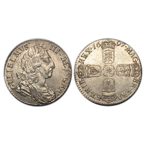 553 - 1697 sixpence, third bust, large crowns, choice mint state, well struck, very light toning. S3538.