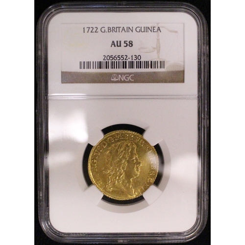 567 - 1722 guinea in an NGC slab, graded AU58. A most attractive coin with lightly reflective surfaces. Ve... 