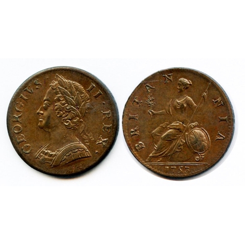 598 - 1753 halfpenny, UNC with minor lustre traces. Rare in this high grade. S3719.