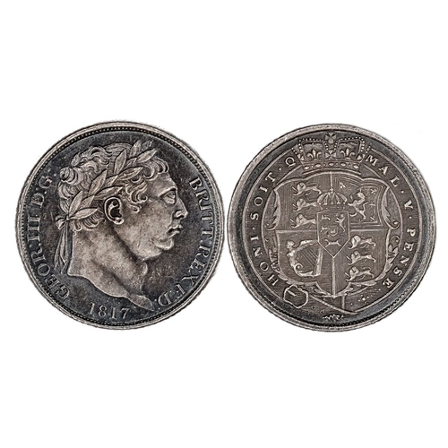 640 - 1817 sixpence, GEF & proof-like with deep blue toning. The date appears as italics. S3791.