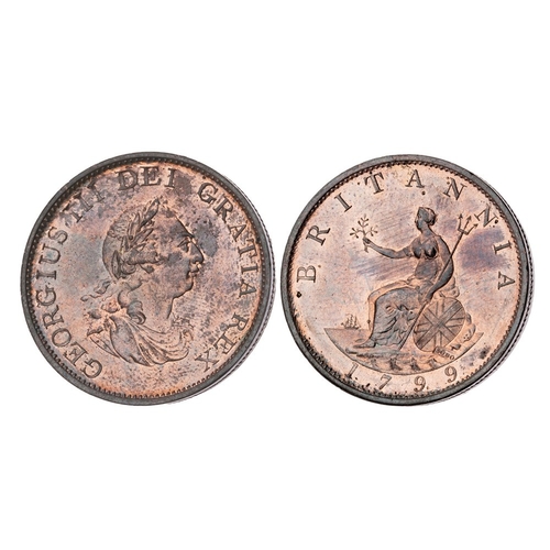 654 - 1799 halfpenny, choice UNC with almost full mint lustre. A superb coin with prooflike fields and sup... 