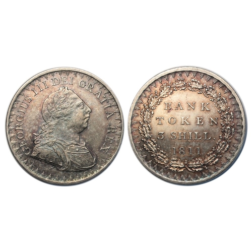 665 - 1811 three shillings bank token, a pleasing EF with attractive tone. S3769.