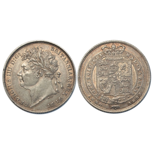 689 - 1823 shilling, Laureate head, shield in garter, EF with nice peripheral toning, very rare. S3811.