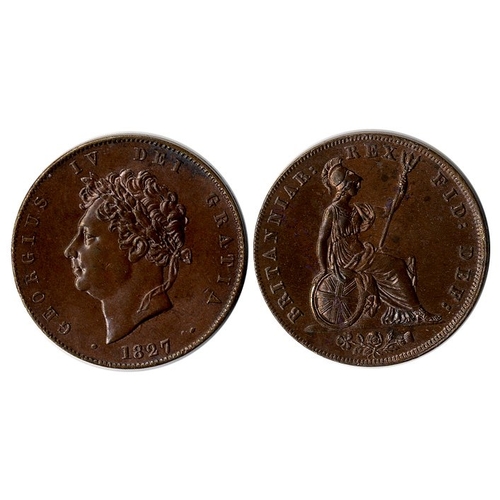 706 - 1827 halfpenny, choice and practically UNC with a trace of lustre. S3824