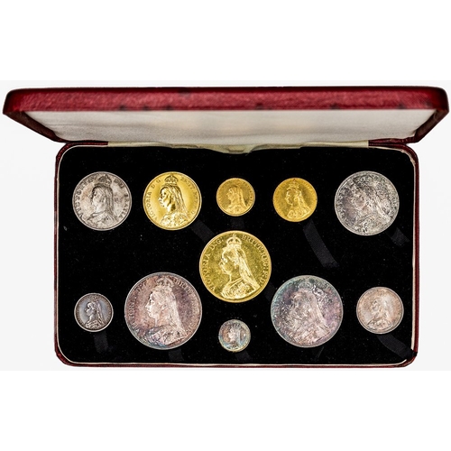 722 - 1887 Long set, comprising gold five pounds, two pounds, sovereign & half, plus silver crown down to ... 