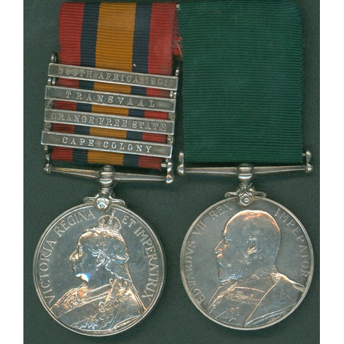 77 - Pair - Queen's South Africa Medal, clasps Cape Colony, O.F.S, Transvaal, South Africa 1901 to 7462 C... 